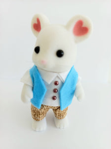 sylvanian families fathers outfit.White shirt with bronze buttons at the front.Light blue vest. Biege and brown pattern trousers.